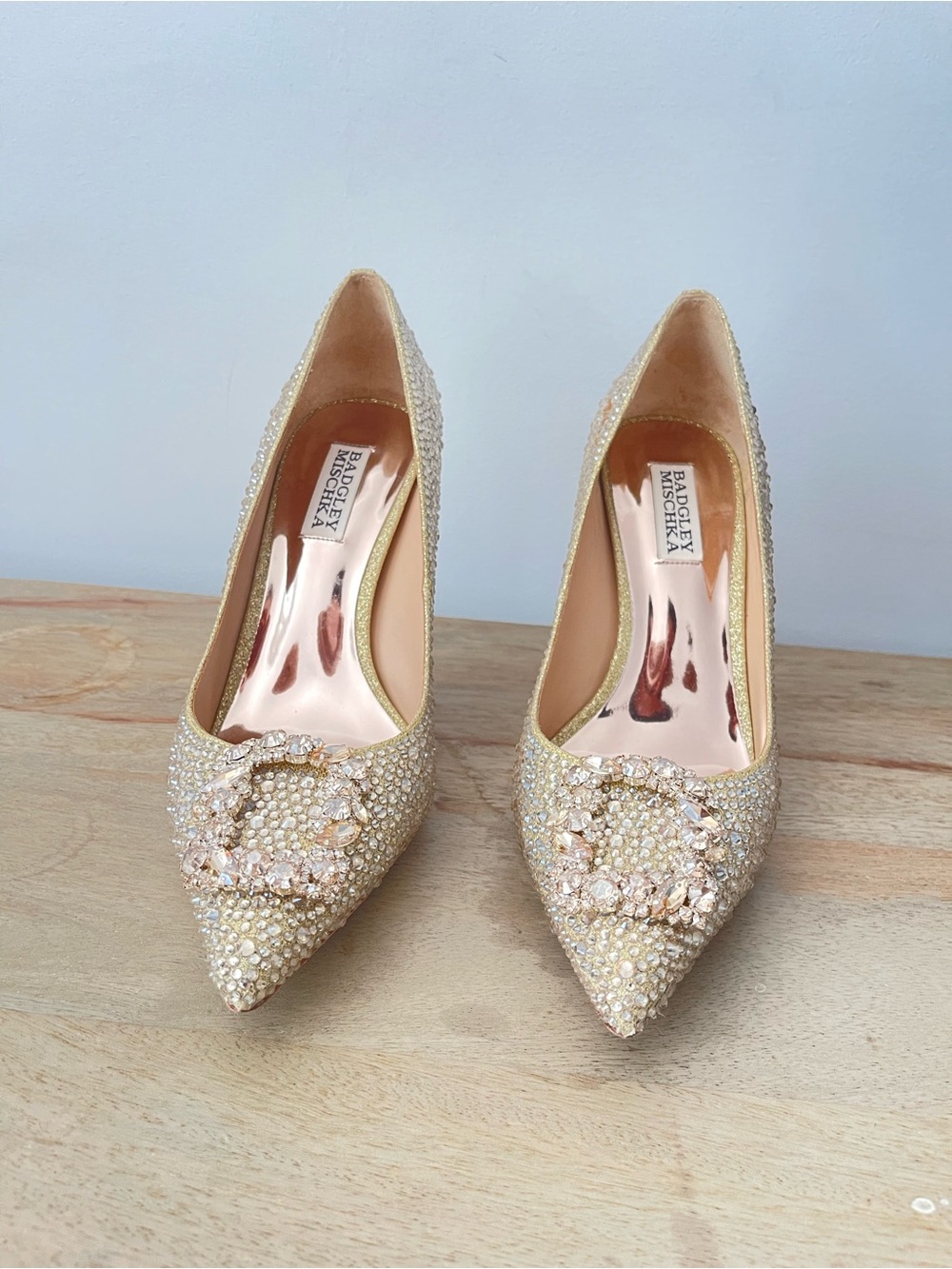 Badgley Mischka Elegant Crystal-Embellished Gold High Heel Pumps - Picture 2 of 7